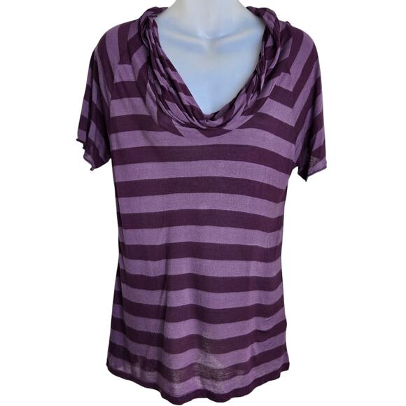Banana Republic Womens Striped Shirt Size Medium Purple Cowl Neck Short Sleeve - Picture 2 of 7